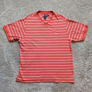 Chaps Ralph Lauren T-Shirt Mens XL Orange White Striped V-Neck Pique Cotton Logo